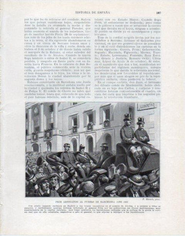 LAMINA V34116: Prim aregando al pueblo de Barcelona en 1868 por F. Blanch