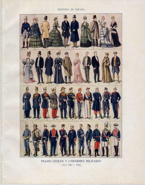 LAMINA V34132: Trajes civiles y uniformes militares entre 1851 y 1900