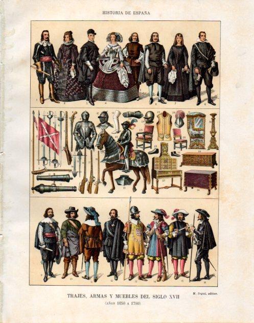 LAMINA V34011: Trajes, armas y muebles siglo XVII años 1650 a 1700