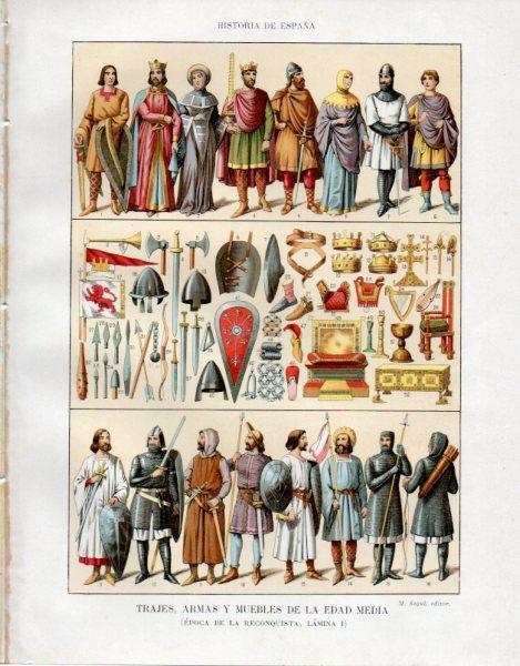 LAMINA V33482: Trajes armas y muebles de la Edad Media (epoca de la Reconquista)