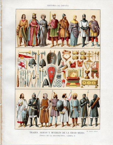 LAMINA V33482: Trajes armas y muebles de la Edad Media (epoca de la Reconquista)