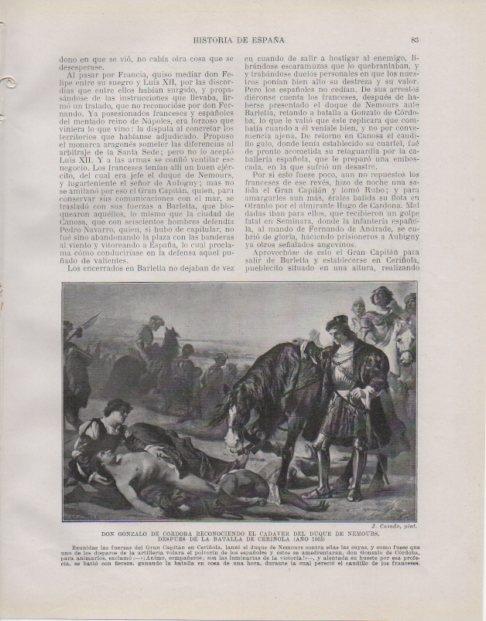 LAMINA V33720: Don Gonzalo de Cordoba y el Duque de Nemours en Batalla de Ceriñola por J. Casado