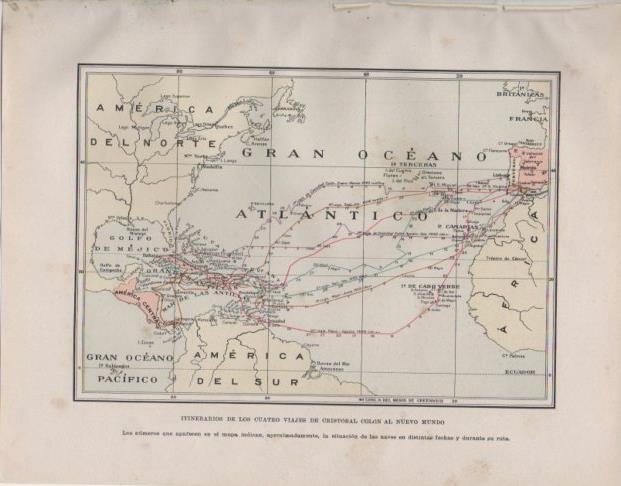 LAMINA V33729: Mapa de los itinerarios de los 4 viajes de Cristobal Colon al Nuevo Mundo