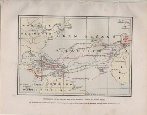 LAMINA V33729: Mapa de los itinerarios de los 4 viajes de Cristobal Colon al Nuevo Mundo