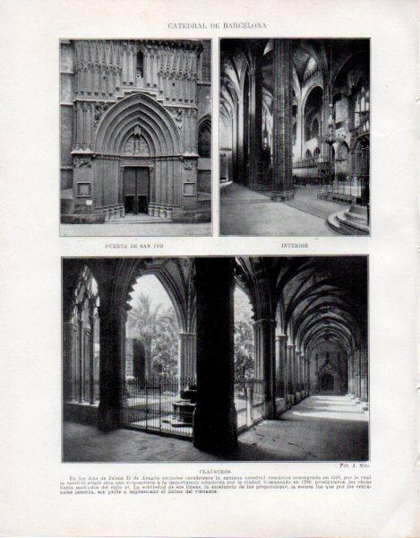 LAMINA V33619: Puerta, interior y claustro de la Catedral de Barcelona