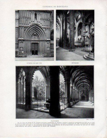 LAMINA V33619: Puerta, interior y claustro de la Catedral de Barcelona