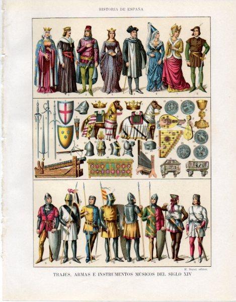 LAMINA V33591: Trajes, armas e instrumentos musicos del siglo XIV