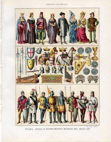 LAMINA V33591: Trajes, armas e instrumentos musicos del siglo XIV