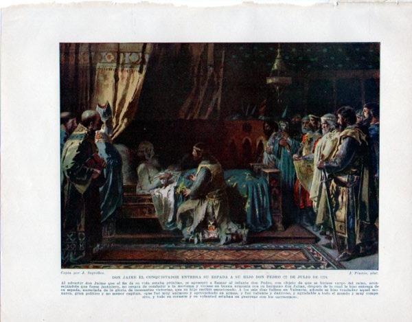 LAMINA V33600: Don Jaime El Conquistador entrega su espada a su hijo Don Pedro por J. Pinazo