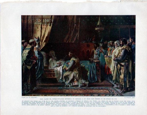 LAMINA V33600: Don Jaime El Conquistador entrega su espada a su hijo Don Pedro por J. Pinazo