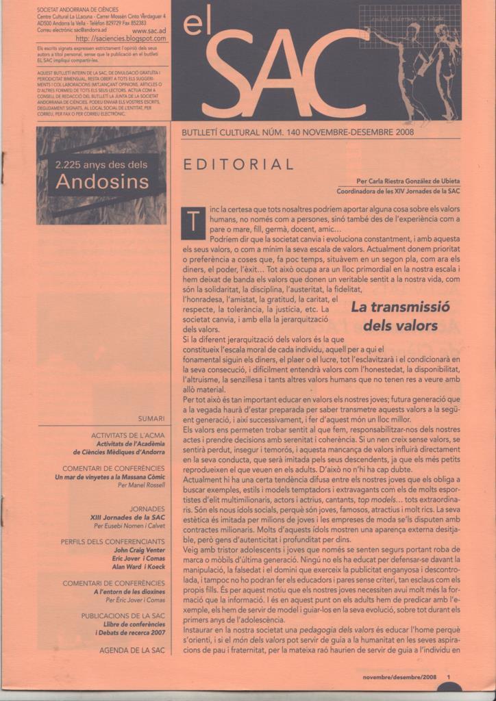 El Sac (Societat Andorrana de Ciències). Butlletí cultural num 140, novembre-desembre 2008