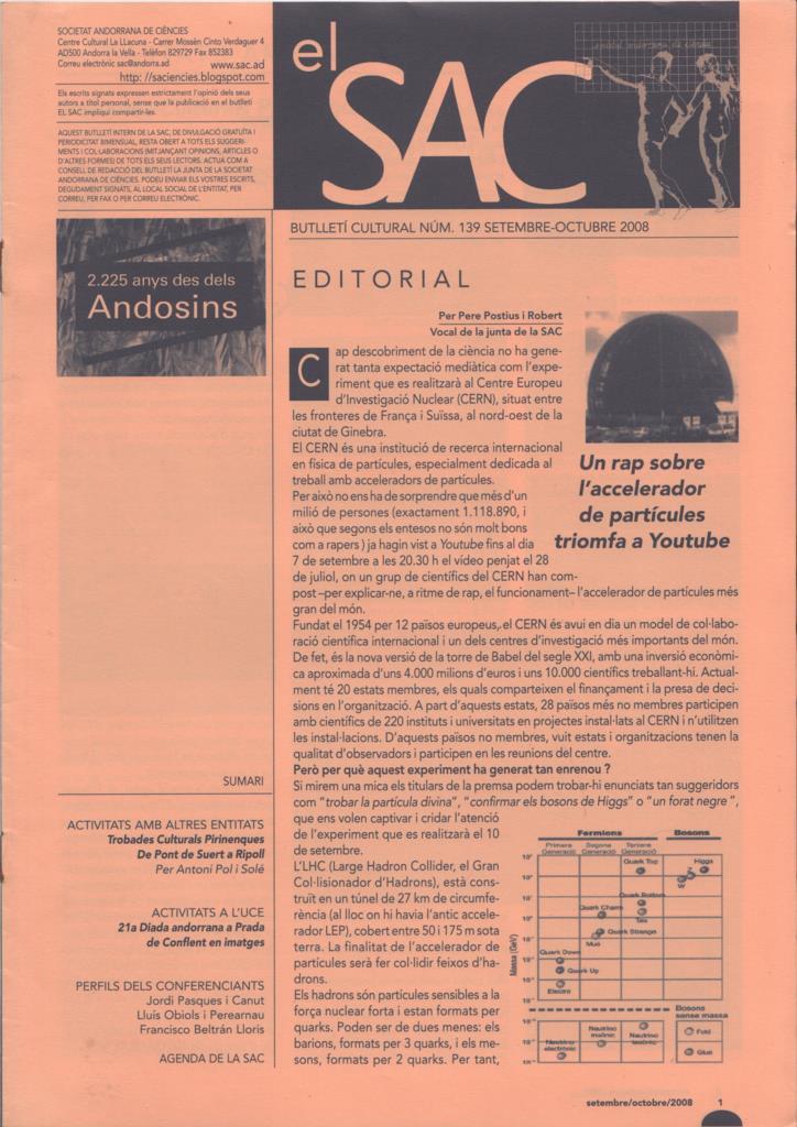 El Sac (Societat Andorrana de Ciències). Butlletí cultural num 139, setembre-octubre 2008