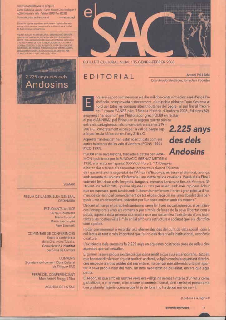 El Sac (Societat Andorrana de Ciències). Butlletí cultural num 135, gener-febrer 2008