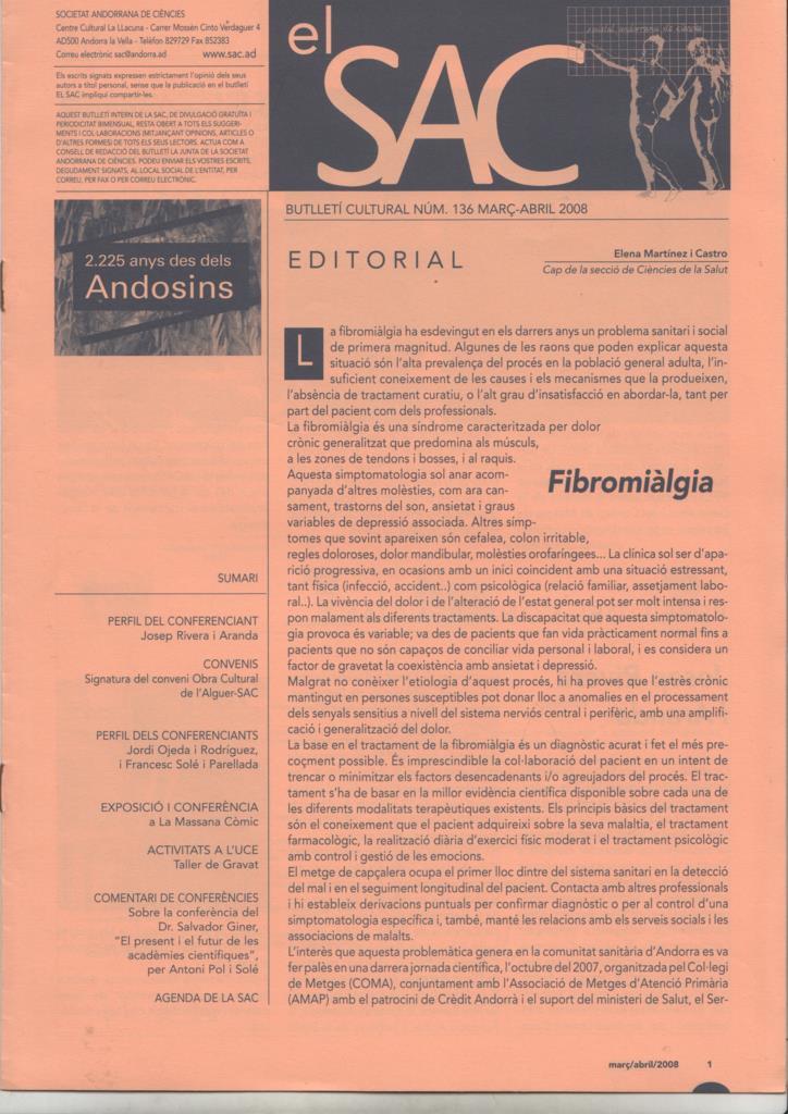 El Sac (Societat Andorrana de Ciències). Butlletí cultural num 136, març-abril 2008