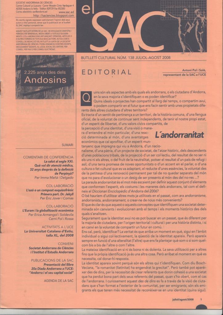 El Sac (Societat Andorrana de Ciències). Butlletí cultural num 138, juliol-agost 2008