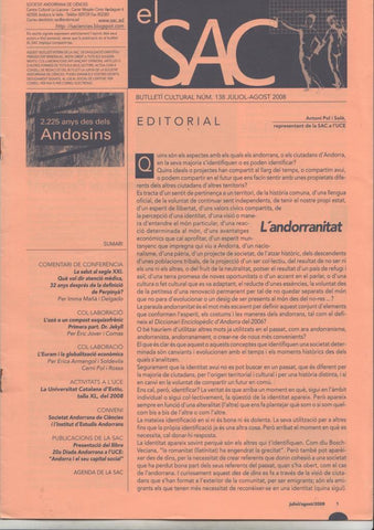 El Sac (Societat Andorrana de Ciències). Butlletí cultural num 138, juliol-agost 2008