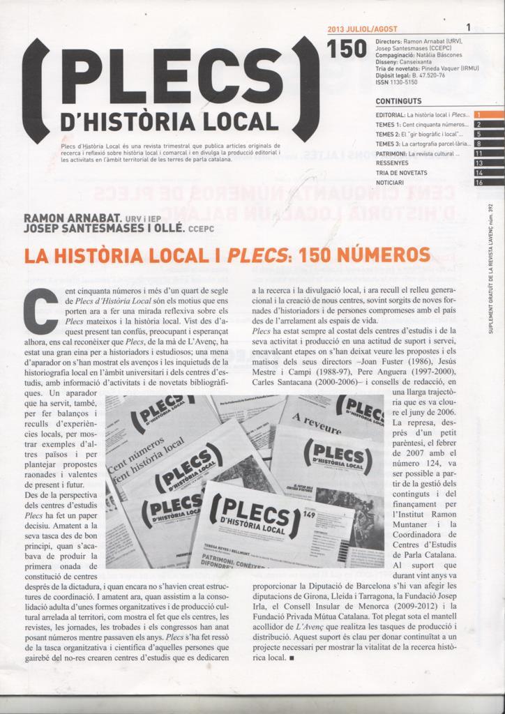 Revista: Plecs d'Historia Local num 150, juliol/agost 2013