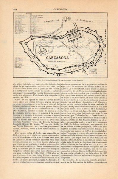 LAMINA V35178: Plano de la ciudad antigua de Carcasona, Francia