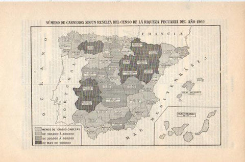 LAMINA V35280: Mapa de España del numero de carneros en 1909