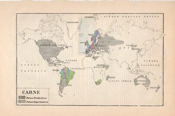 LAMINA V35311: Mapa del mundo paises productores e importadores de carne