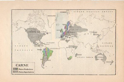 LAMINA V35311: Mapa del mundo paises productores e importadores de carne