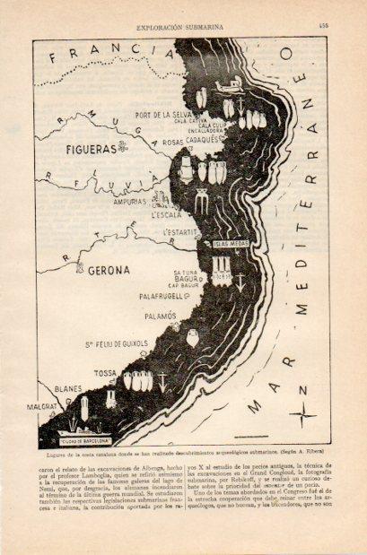 LAMINA V34971: Mapa costa de Cataluña, ubicación descubrimientos arqueologicos submarinos